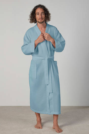 Baksana  - Unisex 50-50 Waffle Kimono Style Robe - Blue